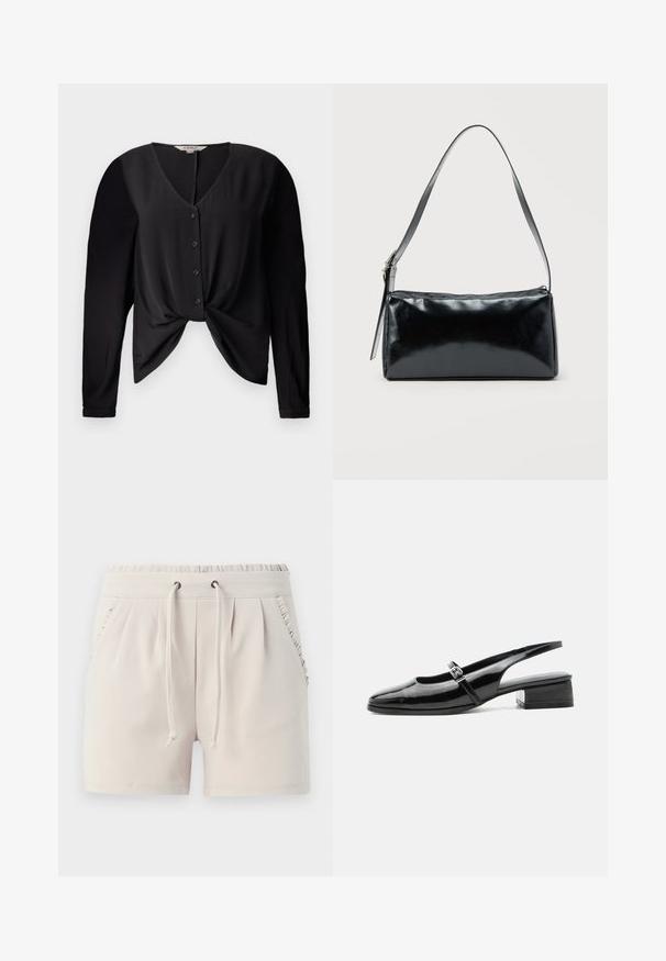Blouse noire avec un décolleté en V, des manches longues et un devant boutonné. Elle présente un détail de nœud à la taille et une texture de tissu lisse.; Shorts beige clair avec une taille élastique, un cordon de serrage, des poches latérales et des volants le long des bords des poches. Texture de tissu douce.; Chaussure slingback en cuir verni noir avec un petit talon bloc et une fine bride avec une boucle argentée sur le dessus.; Sac d'épaule rectangulaire noir avec une sangle réglable unique et une fermeture éclair supérieure sur un fond uni.