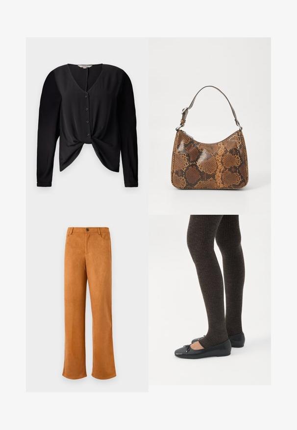 Blusa negra con escote en V, mangas largas y cierre de botones en la parte frontal. Presenta un detalle de nudo en la cintura y una textura de tela suave.; Pantalones de ante marrón con un corte recto, que cuentan con un cierre de cremallera, botón y bolsillos frontales estándar. Textura suave y color sólido.; Piernas con leggings oscuros acanalados combinados con bailarinas negras que presentan pequeños detalles de lazo sobre un fondo blanco.; Pequeño bolso de mano con un patrón de piel de serpiente marrón y negro, correa corta ajustable y cierre de cremallera.