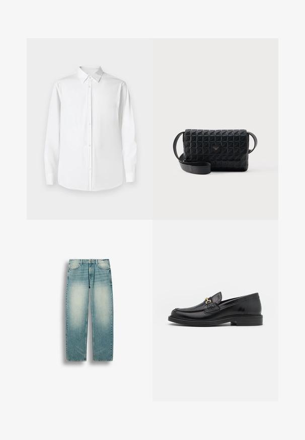 Weißes Langarmhemd mit Point-Kragen, aus glattem Stoff gefertigt, mit klassischer Passform und vorderem Knopfverschluss.; Hellblaue Straight-Leg-Jeans mit ausgebleichten Stellen an den Oberschenkeln, vorderen Taschen, Gürtelschlaufen und Knopfverschluss an der Taille.; Schwarze Lederleter mit einer abgerundeten Zehenpartie, ausgestattet mit goldenen Hardwareakzenten und Stichdetails, auf einer niedrigen, strukturierten Gummisohle.; Schwarze, strukturierte Umhängetasche mit Klappverschluss und kleinem Metalllogo auf der Vorderseite, vor einem schlichten Hintergrund präsentiert.