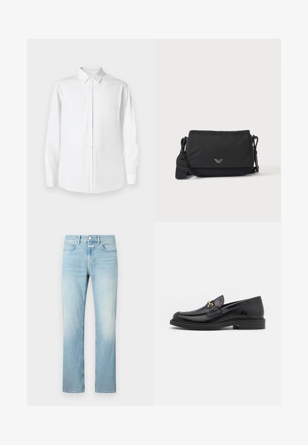 Hvid langærmet skjorte med knapper og spidse kraver, lavet af glat stof, med en klassisk pasform og frontlukning med knapper.; Lysblå denimjeans med lige ben, der har et klassisk femlomme-design og en knappelukning.; Sorte læder loafers med en rund tå, der har guld hardware accent og syningsdetaljer, placeret på en lav, tekstureret gummisål.; Sort crossbody taske med justerbar rem og lille sølv logoemblem på frontklap, vist på ensartet lyst baggrund.
