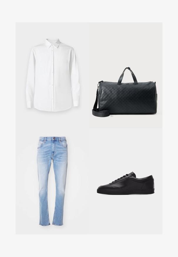 Hvid langærmet skjorte med knapper og spidse kraver, lavet af glat stof, med en klassisk pasform og frontlukning med knapper.; Lysblå jeans lavet af denim, med lige ben, subtilt slid, fem lommer og knaplukning. Ingen synlige mønstre eller udsmykninger.; Sort lavtstående lædersneaker med snørebånd foran og flad gummisål, vist fra siden på en ensartet hvid baggrund.; Sort læder weekendtaske med et struktureret diamantmønster, dobbelte håndtag og en aftagelig skulderrem. Lynlås i toppen.