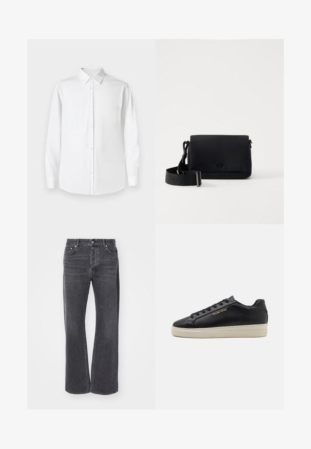 Camisa blanca de manga larga con cuello puntiagudo, hecha de tejido suave, que presenta un corte clásico y cierre frontal con botones.; Jeans negros de tiro alto con un diseño holgado y de pierna ancha. Hechos de mezclilla, presentan un ligero desgaste y bolsillos delanteros y traseros.; Zapatilla de cuero negra con un acabado suave, suela crema en contraste, puntera redonda, logo dorado en el lateral y seis ojales para los cordones.; Bandolera negra hecha de material suave, con cierre de solapa y logo en relieve. Incluye una correa ajustable a juego.