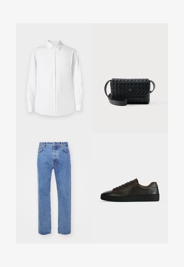 Camisa blanca de manga larga con cuello puntiagudo, hecha de tejido suave, que presenta un corte clásico y cierre frontal con botones.; Won Hundred STEVE - Vaqueros boyfriend - cut blue; Zapatilla de perfil bajo de cuero marrón oscuro con suela de goma negra, cierre de cordones y diseño liso y minimalista sobre un fondo claro.; Bolso bandolera negro con textura, cierre de solapa y un pequeño logo metálico en el frente, mostrado sobre un fondo liso.