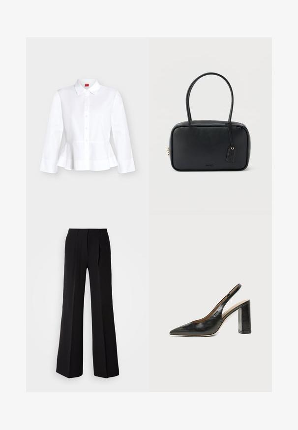 Chemise blanche à manches longues, boutonnée, avec col et détail peplum à la taille sur un fond uni clair.; Pantalons noirs en tissu lisse, avec une taille haute, une coupe évasée et deux plis sur le devant pour un détail de conception supplémentaire.; Chaussure slingback en cuir noir à bout pointu avec un talon bloc haut et une doublure intérieure beige sur un fond clair uni.; Sac à main rectangulaire noir avec doubles poignées arrondies, fermeture éclair dorée et logo "HUGO" embossé sur le devant avec une étiquette en cuir attachée.