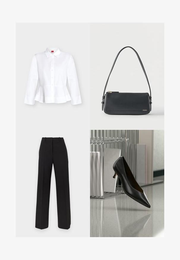 Chemise blanche à manches longues, boutonnée, avec col et détail peplum à la taille sur un fond uni clair.; Pantalon noir à jambes larges en tissu lisse, avec une taille haute, deux plis avant et des poches latérales discrètes.; Chaussure en cuir noir à bout pointu et talon kitten flottant au-dessus d'un sol gris moucheté, à côté d'un organiseur de fichiers en métal contenant des dossiers.; Sac à bandoulière rectangulaire en cuir noir avec fermeture éclair dorée et petit logo "HUGO" doré sur le devant, doté d'une sangle réglable avec boucle.