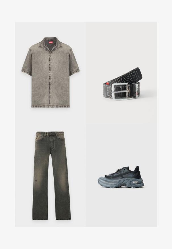 Chemise à manches courtes, boutonnée, en denim gris délavé avec un col et une étiquette de la marque Diesel rouge à l'intérieur de l'encolure.; Jean en denim gris avec une coupe décontractée, doté d'une fermeture à boutons, d'un léger effet délavé, et d'usures discrètes près du genou. Conception à cinq poches.; Baskets Diesel noires et grises avec semelle épaisse, système de laçage à bascule et design texturé sur fond gris clair uni.; Ceinture noire Diesel avec grand texte logo blanc, boucle rectangulaire en argent, et détail de boucle métallique brandée, enroulée sur un fond clair.