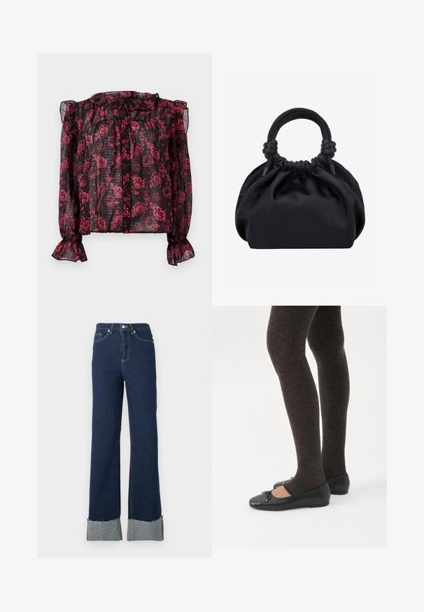 Zwarte doorzichtige blouse met een rood bloemmotief, met een gerimpelde halslijn en lange mouwen met elastische manchetten. Voorzien van een knoopsluiting aan de voorkant.; Donkerblauwe denim flare jeans met een hoge taille, voorzien van een ruwe zoom en een lichtere denim manchet bij de enkels. Zilveren sluiting met knop.; Benen met donkere geribbelde leggings gecombineerd met zwarte ballerina's met kleine strikdetails op een witte achtergrond.; Zwarte zachte stoffen handtas met geplooide bovenkant en ronde gewatteerde handvatten, vastgeknoopt aan elke kant.