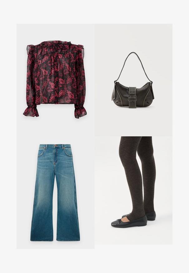 Blouse noire transparente avec motif floral rouge, encolure froncée et manches longues à poignets élastiques. Présente une fermeture à boutons sur le devant.; Jeans en denim bleu taille haute avec jambes larges, poches avant, fermeture à bouton et dégradé de couleur usé allant de la taille à l'ourlet.; Jambes portant des leggings côtelés foncés associés à des ballerines noires avec de petits détails en nœud sur fond blanc.; Sac à épaule en cuir noir avec une sangle à boucle, des bords arrondis et des coutures blanches contrastées sur un fond uni.
