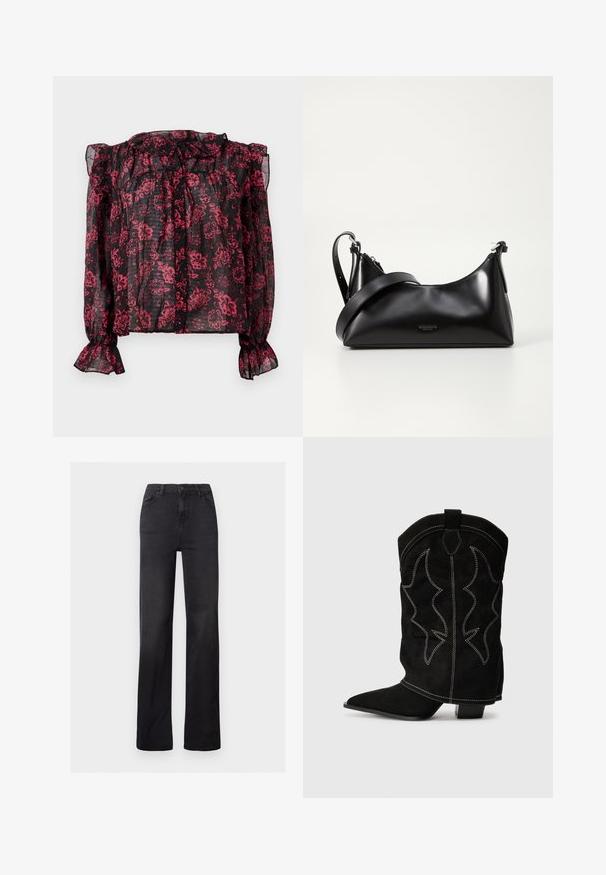 Zwarte doorzichtige blouse met een rood bloemmotief, met een gerimpelde halslijn en lange mouwen met elastische manchetten. Voorzien van een knoopsluiting aan de voorkant.; Zwarte denim recht gesneden jeans met een hoge taille, vijf-pocket ontwerp en zichtbare stiksels. Glad oppervlak met een licht vervaagde afwerking.; Zwarte suède cowboylaars met spitse neus, lage hak en decoratieve witte stiksel die een vlamachtig patroon op de schacht toont.; Zwarte leren handtas met een gladde textuur. Beschikt over een verstelbare schouderband en een strak, minimalistisch ontwerp met een ritssluiting.