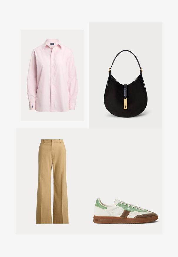 Svetloružová košeľa na zapínanie z hladkej bavlnenej zmesi s klasickým golierom, dlhými rukávmi a malým vyšívaným logom na manžete.; Béžové široké nohavice s vysokým pásom, pútkami na opasok, predným zipsom a hladkým predným dielom na bielom pozadí.; Nízkoprofilová teniska Polo z bielej kože, so zelenými semišovými detailmi, hnedým semišovým pásikom a gumovou podrážkou.; Čierna semišová taška na rameno s oblým tvarom, hladkým čiernym koženým popruhom a zlatým kovovým doplnkom s logom.