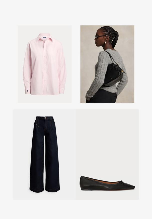 Camisa rosa claro abotonada hecha de una suave mezcla de algodón, con cuello estándar, mangas largas y un pequeño logo bordado en el puño.; Vaqueros de mezclilla oscura de pierna ancha con cintura alta, pliegues delanteros, costuras naranjas contrastantes y cierre de botón en la cintura.; Bailarina de cuero negro con punta afilada, silueta delgada y un pequeño lazo en la parte frontal. Textura lisa y diseño minimalista.; Mujer con el pelo trenzado y gafas, que lleva un jersey gris de punto con trenzas y lleva un bolso de hombro de cuero negro con herrajes dorados.