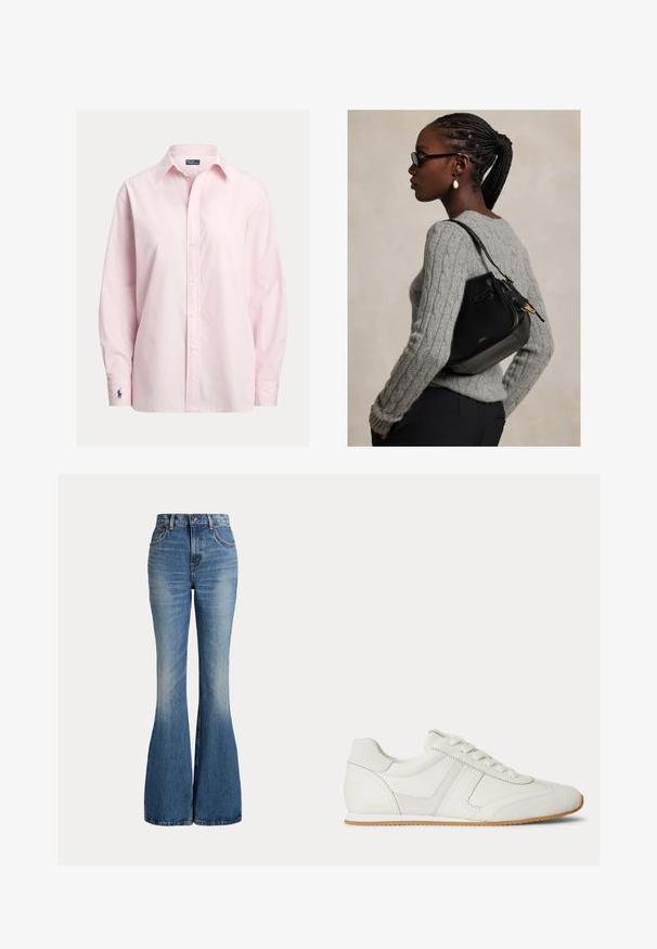 Camisa rosa claro abotonada hecha de una suave mezcla de algodón, con cuello estándar, mangas largas y un pequeño logo bordado en el puño.; Vaqueros de mezclilla azul de talle alto con piernas acampanadas y ligero desgaste en la zona delantera del muslo, mostrados sobre fondo blanco.; Zapatilla blanca de corte bajo con cordones en la parte frontal, paneles de ante y cuero, y una suela de goma marrón claro sobre un fondo blanco.; Mujer con el pelo trenzado y gafas, que lleva un jersey gris de punto con trenzas y lleva un bolso de hombro de cuero negro con herrajes dorados.