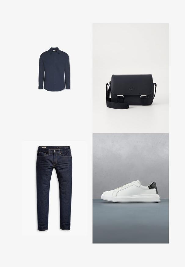 Marineblauw herenshirt met lange mouwen, puntige kraag, knoopsluiting aan de voorkant en een enkele borstzak.; Donkerblauwe denim jeans met een slim fit, uitgerust met oranje stiksels, een vijf-pocket ontwerp en metalen hardware. Glad materiaal, zonder patronen.; Witte sneaker met een gladleren bovenkant en een contrasterende zwarte hielaccent. Beschikt over platte veters en een gestructureerde rubberen zool.; Lacoste CROSSOVER BAG CLASSIC - Schoudertas - noir