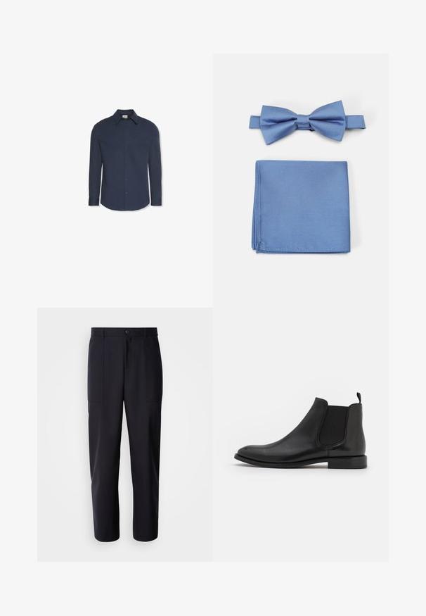 Marineblaues Herrenhemd mit langen Ärmeln, spitzem Kragen, Knopfleiste vorne und einer Brusttasche.; Dunkelblaue Hosen aus glattem Stoff, mit geradem Bein-Design, zwei Seiten Taschen und einem Knopfverschluss an der Taille.; Schwarze Leder-Chelsea-Stiefel mit elastischen seitlichen Riemen, einer abgerundeten Kappe und einem niedrigen Absatz. Glatte Textur mit minimalistischer Gestaltung.; Himbeere blauer Satin-Fliege und Einstecktuch-Set, das ein klassisches Fliegen-Design und eine glatte Textur aufweist. Beide Accessoires sind ordentlich gefaltet.