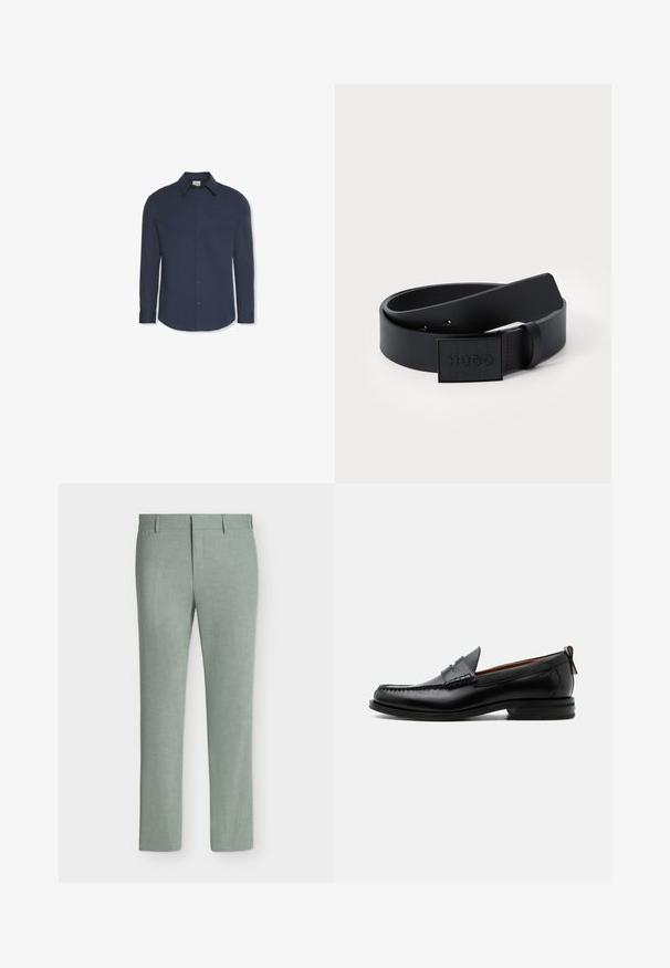 Marineblaues Herrenhemd mit langen Ärmeln, spitzem Kragen, Knopfleiste vorne und einer Brusttasche.; Hellgrüne, maßgeschneiderte Hose mit Gürtelschlaufen und Vordertaschen, vor weißem Hintergrund dargestellt.; Schwarzer Leder-Herrenschuh mit Mokassinnaht, Penny-Riemen, strukturiertem Kragen und niedrigem gestapeltem Absatz auf weißem Hintergrund.; Schwarzer synthetischer Gürtel mit glatter Textur, ausgestattet mit einer rechteckigen schwarzen Schnalle, die mit "HUGO" geprägt ist, sowie roten Nähten als Akzent.