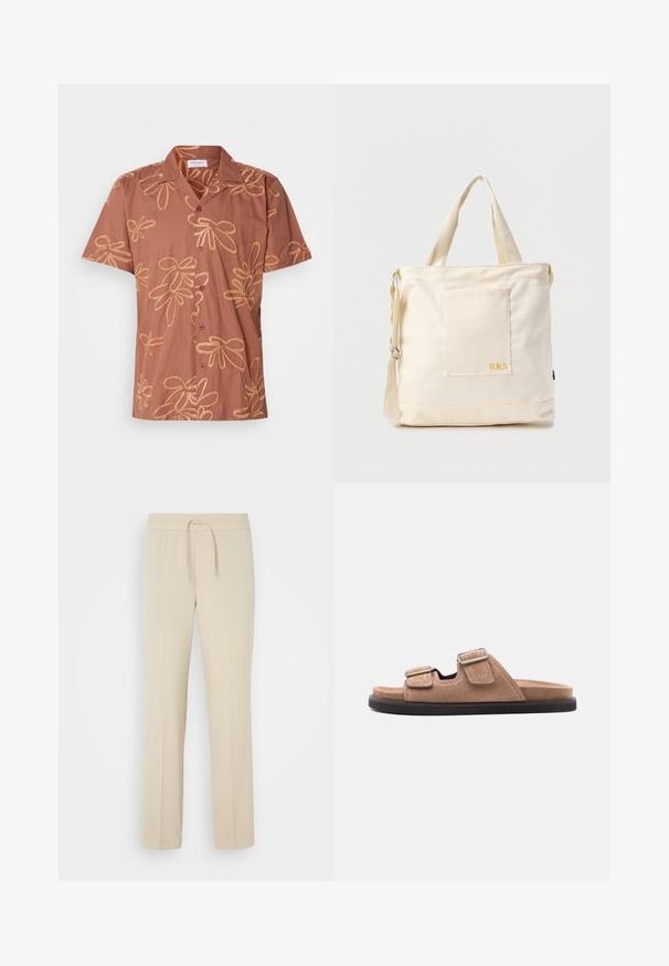 Braunes kurzes T-Shirt mit Blumenmuster aus goldenen Fäden, zwei dunklen Knöpfen und einem Kragen. Weicher Stoff mit lockerer Passform.; Beige, elastische Hosen mit einem Kordelzug. Sie haben gerade Beine und eine glatte Textur, geeignet für Freizeit oder Entspannung.; Braune Wildleder-Pantoletten mit schwarzer Sohle, zwei verstellbaren Riemen mit Schnallen und weißer Nahtdetail, Seitenansicht auf weißem Hintergrund.; Beige Canvas-Shopper mit Fronttasche, zwei Griffen, verstellbarem Schulterriemen und kleinem gelbem "O.N.S"-Text unten rechts auf der Tasche.