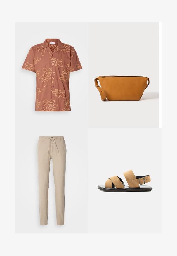 Braunes kurzes T-Shirt mit Blumenmuster aus goldenen Fäden, zwei dunklen Knöpfen und einem Kragen. Weicher Stoff mit lockerer Passform.; Beige Leinenhose mit geradem Schnitt, elastischem Bund mit Kordelzug und zwei Seitentaschen. Glatte Textur und minimalistisches Design.; Herren-Sandale aus hellbraunem Wildleder mit zwei breiten Riemen, schwarzer Sohle und verstellbarem Schnallenriemen an der Ferse, auf weißem Hintergrund dargestellt.; Hellbraune Leder-Umhängetasche mit verstellbarem Schulterriemen und Reißverschluss, vor einem schlichten hellen Hintergrund gezeigt.