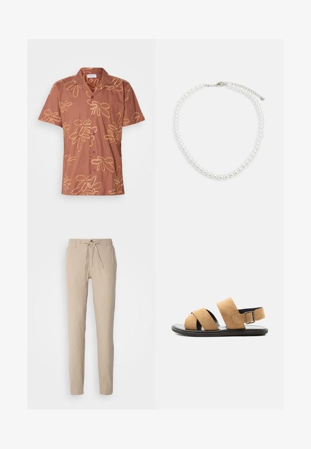 Camisa marrón de manga corta con un patrón floral en hilo dorado, con dos botones oscuros y un cuello. Tejido suave con un corte holgado.; Pantalones de lino beige con corte recto, cinturilla elástica con cordón y dos bolsillos laterales. Textura suave y diseño minimalista.; Sandalia de ante color marrón claro para hombre con dos tiras anchas, suela negra y correa ajustable con hebilla en el talón, mostrada sobre fondo blanco.; Collar de perlas blancas con forma redonda uniforme, superficie suave y cierre de metal con cadena de extensión para longitud ajustable.