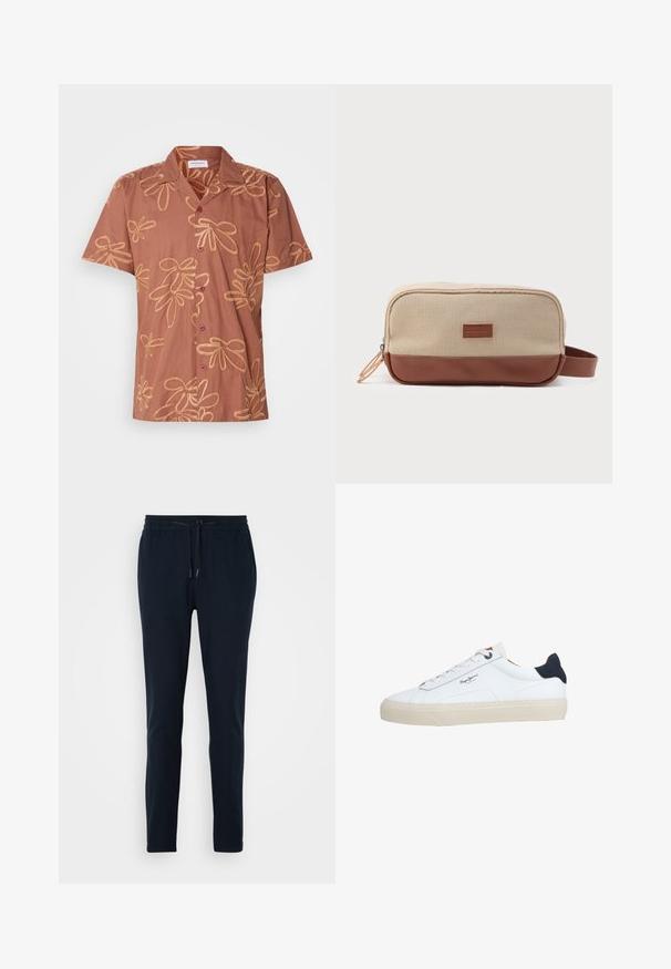 Braunes kurzes T-Shirt mit Blumenmuster aus goldenen Fäden, zwei dunklen Knöpfen und einem Kragen. Weicher Stoff mit lockerer Passform.; Helles Marineblau Jogginghosen aus weichem Stoff mit elastischem Bund, verstellbarem Kordelzug und schmal zulaufendem Bein.; Weißer Sneaker in niedriger Schnittform mit beiger Sohle, weißen Schnürsenkeln, schwarzem Fersenlasche und dem "Pepe Jeans London"-Logo an der Seite.; Rechteckige beigen und braune Kulturbeutel mit seitlichem Griff und vorderem Logo-Patch, Reißverschluss mit zwei beigen Ziehern, vor weißem Hintergrund.