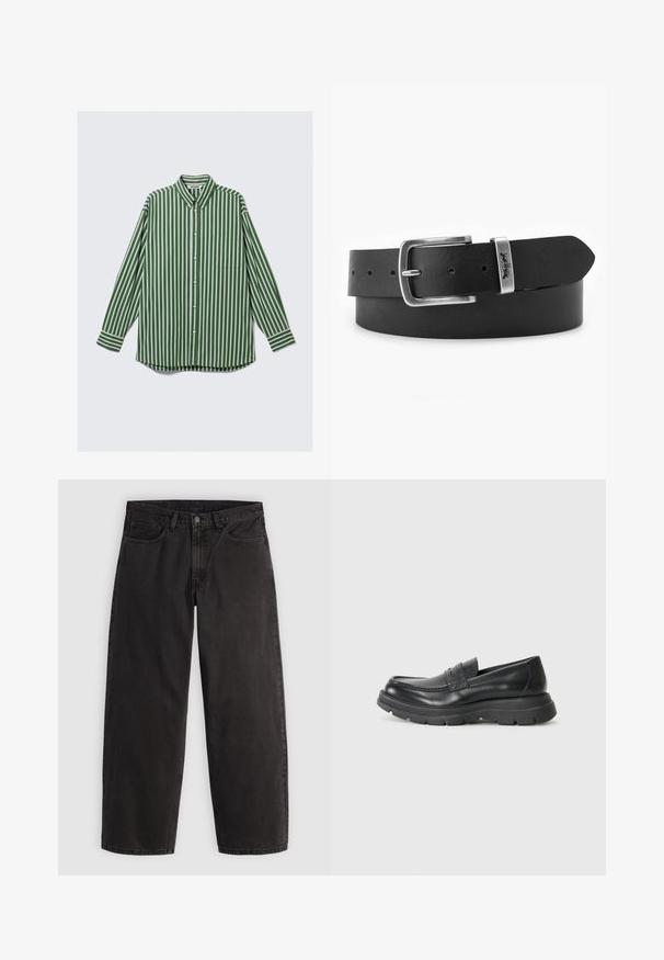 Herren-Hemd mit langen Ärmeln, Knopfleiste, vertikalen grünen, weißen und braunen Streifen, einer Brusttasche und einem Button-Down-Kragen.; Schwarze gerade geschnittene Jeans aus Denim mit fünf Taschen und Gürtelschlaufen, flach auf einem einfarbigen hellen Hintergrund liegend dargestellt.; Schwarzer Leder-Schlupfschuh im Mokassin-Stil, mit runder Zehenpartie, dicker Gummisohle und feinen Steppnähten im oberen Bereich.; Schwarzer Ledergürtel mit einer silbernen rechteckigen Schnalle und einem Logodesign. Verfügt über mehrere Löcher zur verstellbaren Größenanpassung und eine glatte Oberfläche.