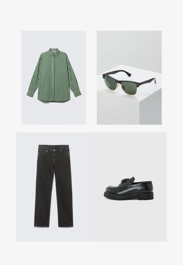 Herren-Hemd mit langen Ärmeln, Knopfleiste, vertikalen grünen, weißen und braunen Streifen, einer Brusttasche und einem Button-Down-Kragen.; Schwarze Denim-Jeans mit geradem Bein, vorderen Taschen, Gürtelschlaufen und Knopfverschluss, flach auf einem grauen Hintergrund liegend.; Schwarzer Leder-Slipper mit Quasten, dicke Gummisohle und niedrigem Absatz, im Seitenprofil vor einem einfarbigen Hintergrund gezeigt.; Ray-Ban Sonnenbrillen mit grünen Gläsern, schwarzen Kunststoffrahmen und goldenen Akzenten an den Rändern. Quadratische Form mit matter Oberfläche.