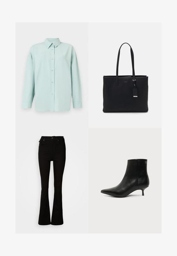 Lysegrøn mintfarvet skjorte med knapper, lange ærmer, krave og en løs pasform. Har ensfarvet stoftekstur og seks knapper foran.; Sorte flare jeans lavet af denim, med høj talje, forlommer og et klassisk fem-lomme design med metalhardware detaljer.; Sort læder ankelstøvle med spids tå og lav kitten hæl på lys baggrund, der viser yderside.; Sort tote bag lavet af slidstærkt materiale, med to lange håndtag, en lynlåslukning og en lille label med logo detaljer.