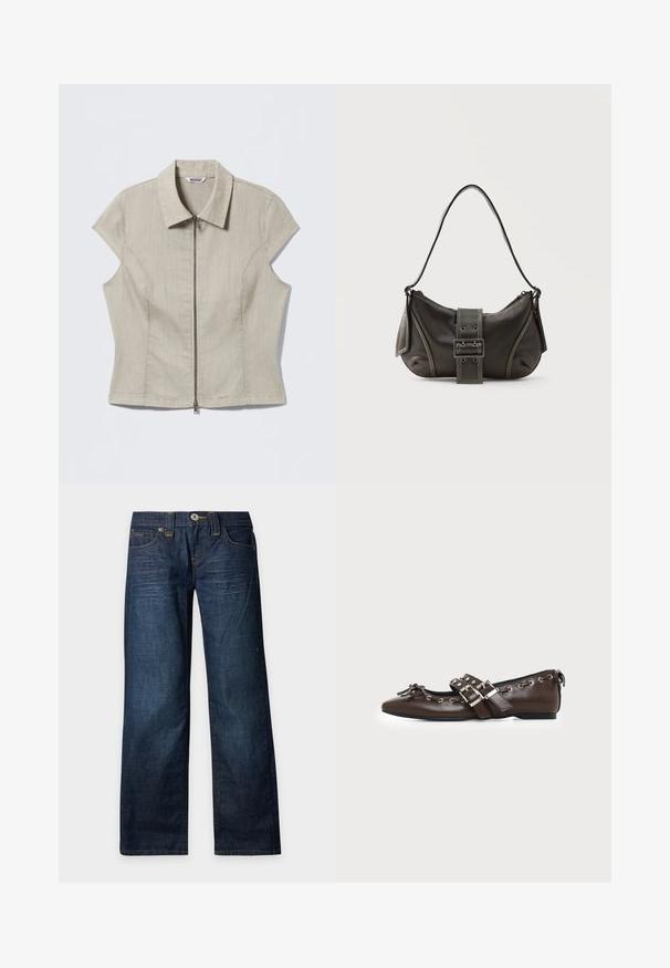 Chemise beige à manches courtes avec col et fermeture éclair centrale, coutures ajustées, et une étiquette indiquant « WEEKDAY » à l'intérieur du col.; Jean droit bleu foncé avec détails délavés, fermeture par bouton et zip, et design à cinq poches sur un fond clair uni.; Chaussure plate en cuir marron foncé avec bout pointu, doubles brides à boucles argentées, œillets métalliques et nœud décoratif à l'avant.; Sac à épaule en cuir noir avec une sangle à boucle, des bords arrondis et des coutures blanches contrastées sur un fond uni.