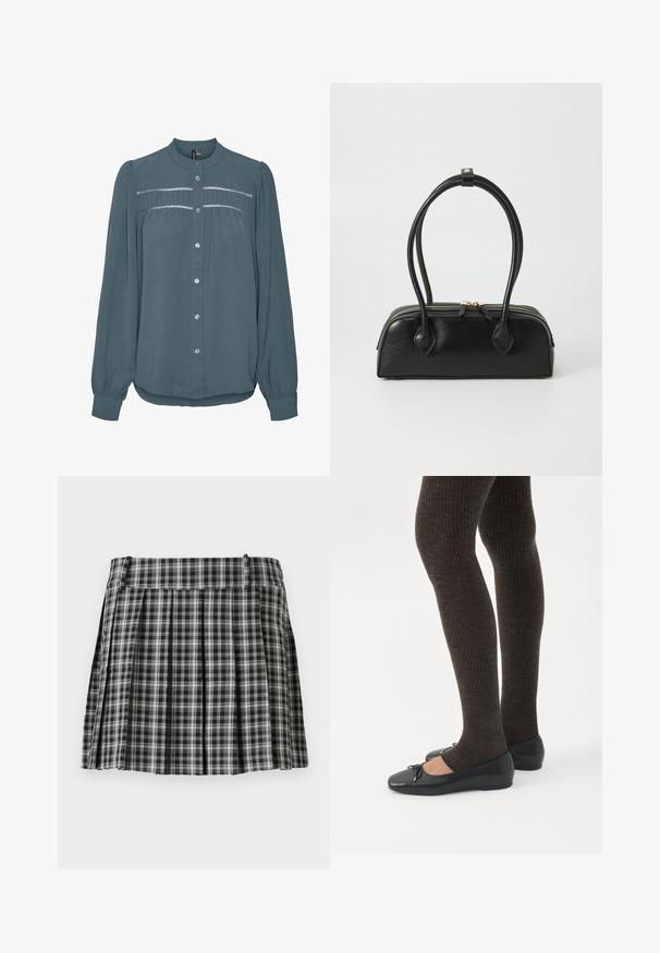 Blouse met lange mouwen in teal, knoopsluiting aan de voorkant, ronde kraag, geplooide inzet met kantdetail over de borst en manchetten aan de mouwen.; Zwart-wit geruite geplisseerde rok met een gladde tailleband en meerdere verticale plooien. Gemaakt van lichte stof.; Benen met donkere geribbelde leggings gecombineerd met zwarte ballerina's met kleine strikdetails op een witte achtergrond.; Zwarte leren handtas met twee verlengde handvatten, ritsluiting en ronde vorm; gladde textuur met subtiele glanzende afwerking.