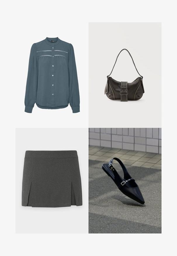 Langærmet teal bluse med knapper foran, rund krave, samlet skulderstykke med blondekanter over brystet og ærmer med manchetter.; Grå mini nederdel med en glat tekstur, der har en flad talje og to forsidige slids for ekstra detalje. Casual design.; Sort flad slingback med spids tå og dobbelte spænder, hvilende på grå asfalt nær flisevæg.; Sort læder skuldertaske med spænde på remmen, afrundede kanter og kontrasterende hvide syninger på en ensfarvet baggrund.