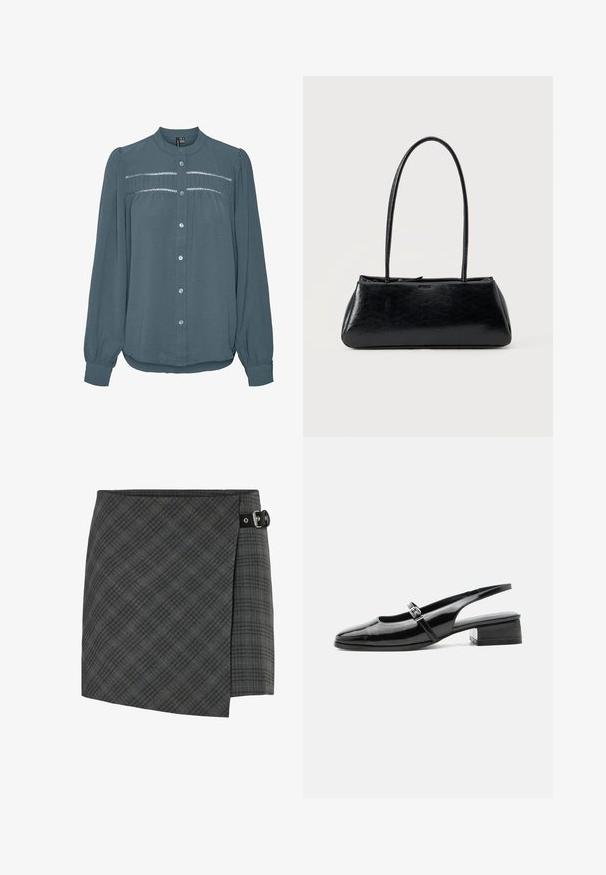 Blusa de manga larga color teal con botones en la parte delantera, cuello redondo, canesú fruncido con detalles de encaje en el pecho y mangas con puños.; Falda de lana a cuadros gris oscuro con detalle de hebilla negra en el lado derecho, dobladillo recto y un sutil patrón de líneas diagonales.; Zapato slingback de charol negro con tacón bajo y grueso y una fina correa con hebilla de plata en la parte superior.; Bolso de hombro rectangular negro con correas largas y delgadas y una textura lisa y brillante sobre un fondo liso.