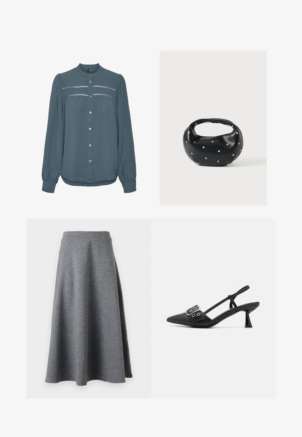 Langärmlige tealfarbene Bluse mit Knopfleiste vorne, rundem Kragen, gerafftem Passement mit Spitzenbesatz über der Brust und Ärmeln mit Bündchen.; Grauer, knielanger Rock aus weichem, dehnbarem Material, mit einem ausgestellten Design und einem elastischen Bund für zusätzlichen Komfort.; Simmi London DALA - Pumps - black; Schwarze Lederhandtasche mit abgerundeter Form, verziert mit silbernen Nietenakzenten und kurzem Griff. Glatte Struktur und Reißverschlussverschluss.