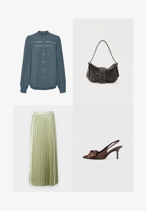 Blouse met lange mouwen in teal, knoopsluiting aan de voorkant, ronde kraag, geplooide inzet met kantdetail over de borst en manchetten aan de mouwen.; Plissé midi-jurk in lichtgroen satijn met een gladde textuur. Aansluitende tailleband, valt tot halverwege de kuit, met gelijke verticale plooien over het geheel.; Bruine satijnen slingback hoge hak schoen met puntige neus en strikdetail aan de voorkant. Heeft een slank silhouet en een dunne hak.; Zwarte leren schoudertas met gespsluiting aan de riem, afgeronde hoeken en contrasterende witte stiksels op een effen achtergrond.