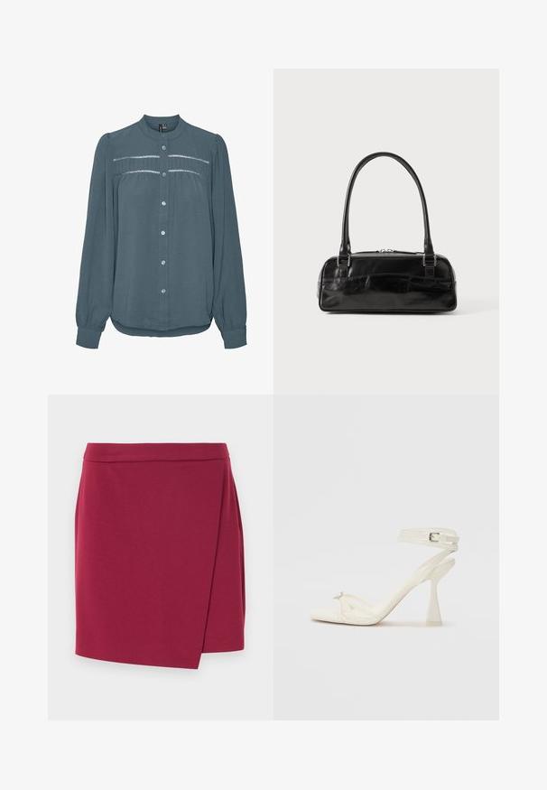 Blouse met lange mouwen in teal, knoopsluiting aan de voorkant, ronde kraag, geplooide inzet met kantdetail over de borst en manchetten aan de mouwen.; Wikkelrok in diep bordeaux, gemaakt van zachte stof. Voorzien van een gladde tailleband en een asymmetrische zoom voor een vloeiende silhouet.; Strappy hoge hak sandaal in wit leer met een slank ontwerp, een transparante blokhak en een decoratief element bij de teen.; Zwarte leren handtas met een rechthoekige vorm, voorzien van een enkele gestructureerde handgreep, zilveren hardware en ritsluiting. Gladde textuur.
