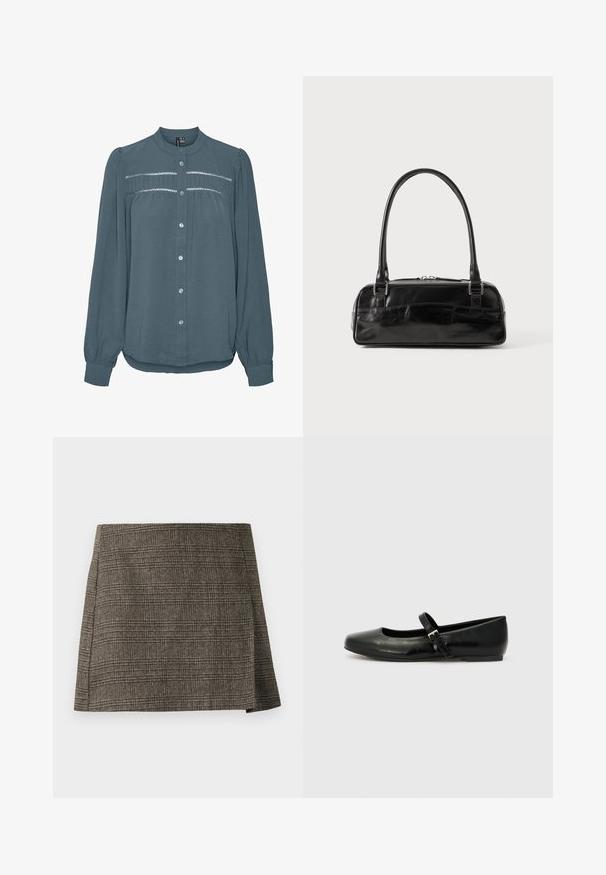 Blouse met lange mouwen in teal, knoopsluiting aan de voorkant, ronde kraag, geplooide inzet met kantdetail over de borst en manchetten aan de mouwen.; Bruine en grijze geruite minirok met een subtiele zijsluiting, rechte snit en textielstof.; Zwarte leren balletschoenen met een ronde neus, een platte zool en een dunne verstelbare band over de wreef met een metalen gesp.; Zwarte leren handtas met een rechthoekige vorm, voorzien van een enkele gestructureerde handgreep, zilveren hardware en ritsluiting. Gladde textuur.