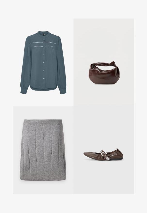 Langärmlige tealfarbene Bluse mit Knopfleiste vorne, rundem Kragen, gerafftem Passement mit Spitzenbesatz über der Brust und Ärmeln mit Bündchen.; Object OBJTHESS - Minirock - medium grey; Braunes Lackleder-Ballerina mit spitzem Zeh, elastischem Schleifendetail und silberner Schnallenakzent an der Seite. Schwarze Gummisohle.; Dunkelbraune Lederschultertasche mit weicher, lockerer Form und einem gedrehten Knotengriff vor schlichtem weißem Hintergrund.