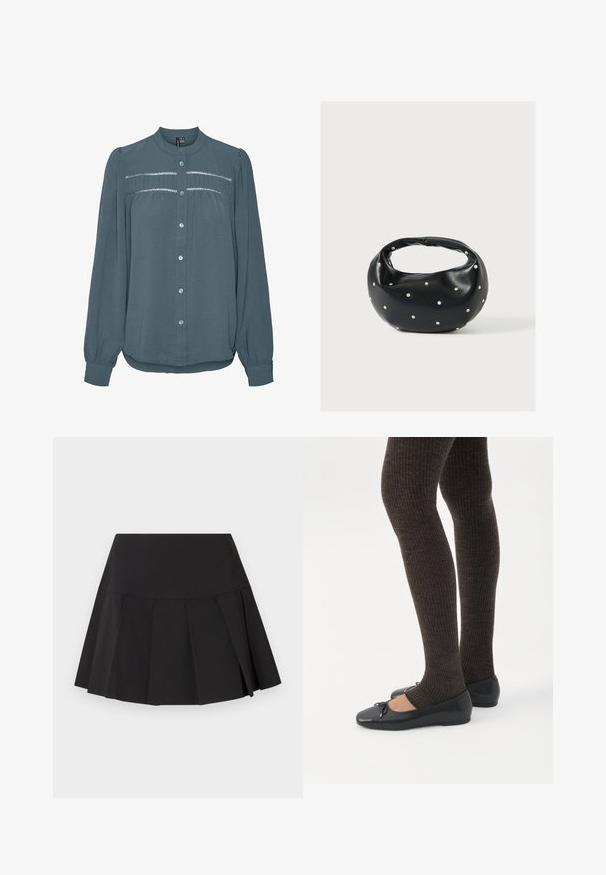 Blusa de manga larga color teal con botones en la parte delantera, cuello redondo, canesú fruncido con detalles de encaje en el pecho y mangas con puños.; Mini falda negra plisada con una cinturilla ancha, pliegues verticales espaciados de manera uniforme y un dobladillo ligeramente acampanado.; Piernas con leggings oscuros acanalados combinados con bailarinas negras que presentan pequeños detalles de lazo sobre un fondo blanco.; Bolso de mano de cuero negro con forma redondeada, decorado con detalles de tachuelas plateadas y un asa corta. Textura lisa y cierre con cremallera.