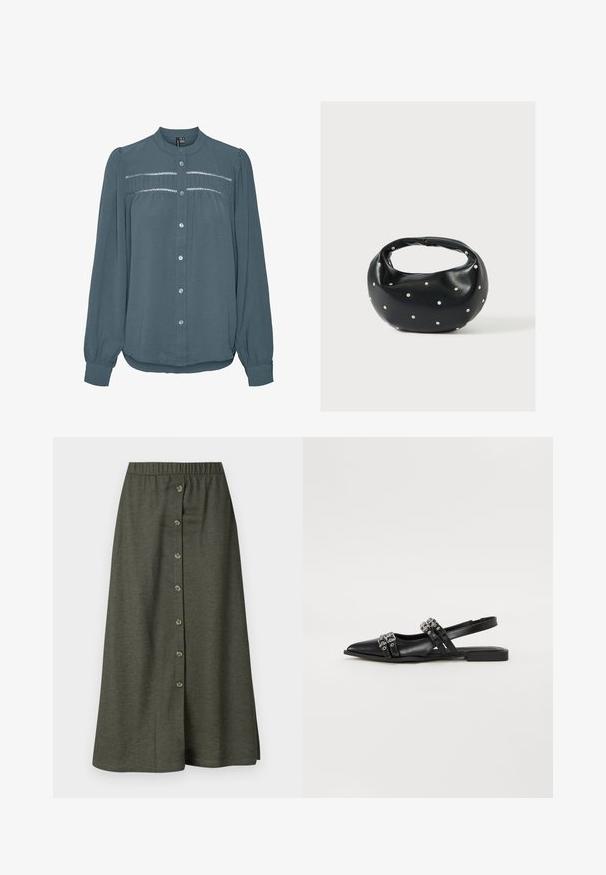 Blusa de manga larga color teal con botones en la parte delantera, cuello redondo, canesú fruncido con detalles de encaje en el pecho y mangas con puños.; Falda midi caqui con cierre frontal de botones que cuenta con ocho botones, cintura elástica y tejido suave y ligero.; Even&Odd by Zalando Bailarinas con tira trasera - black; Bolso de mano de cuero negro con forma redondeada, decorado con detalles de tachuelas plateadas y un asa corta. Textura lisa y cierre con cremallera.