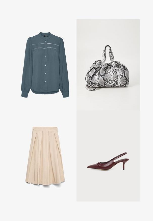 Blusa de manga larga color teal con botones en la parte delantera, cuello redondo, canesú fruncido con detalles de encaje en el pecho y mangas con puños.; Falda midi beige con cintura alta y plisados frontales, silueta acampanada y tela lisa.; Zapato slingback burdeos de piel con tacón kitten, punta puntiaguda y pequeño detalle de lazo en la parte superior, mostrado sobre fondo blanco.; Bolso de mano con patrón de piel de serpiente en blanco y negro, con dos asas, un cierre de cordón y una correa para el hombro desmontable. Textura suave.