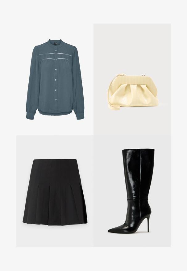 Blouse bleu sarcelle à manches longues avec boutonnage sur le devant, col rond, empiècement froncé avec détails en dentelle sur la poitrine et manches avec poignets.; Mini-jupe plissée noire en tissu léger. Elle présente une ceinture ajustée et des plis aiguille nets pour un look structuré.; Bottes noires en cuir, hautes jusqu'au genou, avec un bout pointu et un talon aiguille haut. Texture lisse et design épuré, avec un minimum de détails.; Pochette en cuir couleur crème avec un cadre supérieur structuré et une lanière pour poignet, présentée sur un fond clair uni.