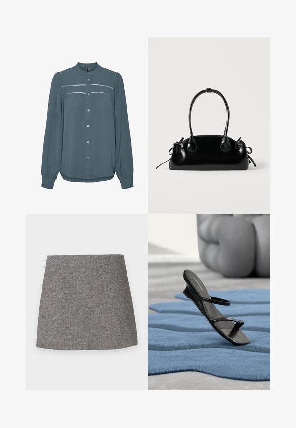 Langärmlige tealfarbene Bluse mit Knopfleiste vorne, rundem Kragen, gerafftem Passement mit Spitzenbesatz über der Brust und Ärmeln mit Bündchen.; Rock mit Fischgrätenmuster aus grauem Stoff, mit figurbetonter Silhouette, glatter Textur und einem sauberen, geraden Saum.; Schwarze Riemchensandale mit Zehenring, auf einem blau strukturierten Teppich präsentiert, mit einem großen grauen Dekorationsobjekt unscharf im Hintergrund.; Kleine schwarze glänzende Handtasche mit zwei langen Griffen und seitlichen Kordelzug-Details vor einfachem hellem Hintergrund.
