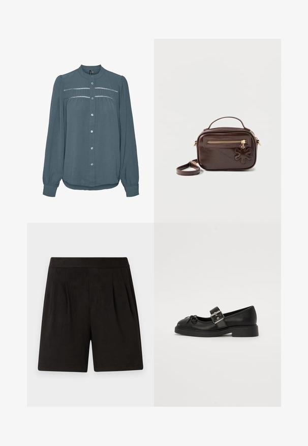 Langærmet teal bluse med knapper foran, rund krave, samlet skulderstykke med blondekanter over brystet og ærmer med manchetter.; Sorte shorts lavet af blødt stof, med en glat tekstur, elastisk talje og plisseret frontdesign. Enkle og udekorerede.; Sort læder Mary Jane-sko med rund tå, ankelrem og sølv spænde detalje. Har en flad, chunky sål og en sløjfe akcent.; Mørkebrun rektangulær læder skuldertaske med top-håndtag, lynlåslomme foran og blomsterformet lædervedhæng på lynlåstrækkeren.