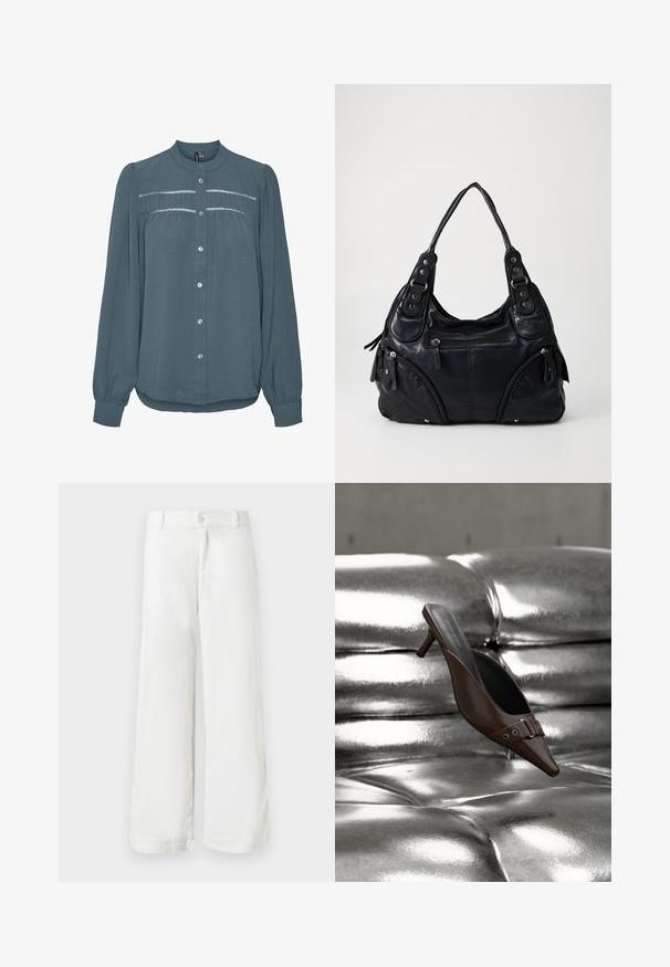 Blouse met lange mouwen in teal, knoopsluiting aan de voorkant, ronde kraag, geplooide inzet met kantdetail over de borst en manchetten aan de mouwen.; Witte wijde broek met knoop- en ritssluiting, riemlussen en zijzakken, afgebeeld tegen een witte achtergrond.; Bruine mule met hoge hak en puntige neus, voorzien van gespsdetail, zwevend boven een glanzend zilveren, getufte leren oppervlak.; Zwarte leren handtas met dubbele handvatten, voorzakken met rits en details van metalen klinknagels, tegen een effen lichte achtergrond.