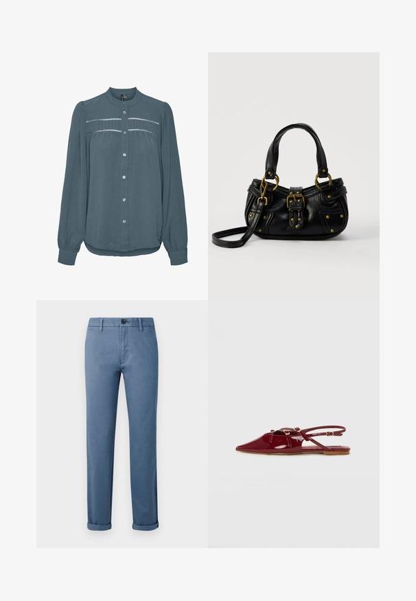 Blouse met lange mouwen in teal, knoopsluiting aan de voorkant, ronde kraag, geplooide inzet met kantdetail over de borst en manchetten aan de mouwen.; Blauwe casual broek met knoopsluiting, riemlussen, zijzakken en manchetten bij de enkels tegen een witte achtergrond.; Rode gepatenteerde leren slingback-schoen met een spitse neus, voorzien van dunne banden en gouden hardware-accenten. Platte zool met een gladde afwerking.; Zwarte leren handtas met gouden gesp en klinknagel details, korte handvatten en een verstelbare schouderriem op een effen witte achtergrond.