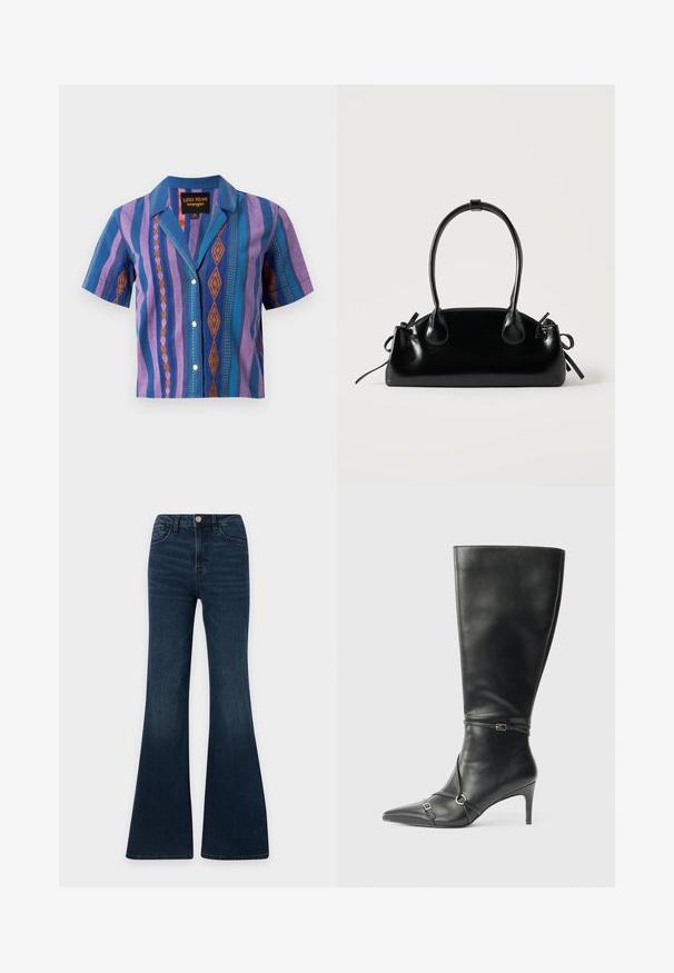 Chemise à manches courtes boutonnée avec des rayures géométriques verticales violettes, bleues et oranges et un col, étiquetée Lainey Wilson Wrangler.; Jean en denim bleu foncé taille haute avec coupe évasée, fermeture devant par bouton et zip, poches devant et derrière.; Bottes noires en cuir montant jusqu'au genou, avec un talon fin, un bout pointu et des détails de lanière à la cheville. Texture lisse et design ajusté.; Petit sac à main noir brillant avec deux longues anses et des détails à cordon sur les côtés sur un fond clair uni.