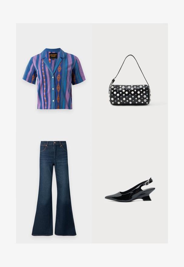 Chemise à manches courtes boutonnée avec des rayures géométriques verticales violettes, bleues et oranges et un col, étiquetée Lainey Wilson Wrangler.; Wrangler 70S FLARE - Jean flare - whirlpool; Chaussure slingback en cuir verni noir avec bout pointu et petit talon bloc incliné sur fond clair uni.; Sac à main en cuir noir à forme arrondie, orné de clous argentés. Comprend une bandoulière amovible et une fermeture éclair. Texture lisse.