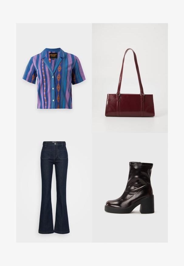 Chemise à manches courtes boutonnée avec des rayures géométriques verticales violettes, bleues et oranges et un col, étiquetée Lainey Wilson Wrangler.; Jean en denim bleu foncé taille haute avec poches avant à patch, fermeture par bouton et zip, et jambes évasées sur un fond clair.; Bottine noire brillante à talon bloc épais et bout rond, en cuir lisse avec des détails de couture subtils.; Sac à main bordeaux en matériau brillant, de forme rectangulaire, avec deux anses et des accents légèrement courbés à l'avant.