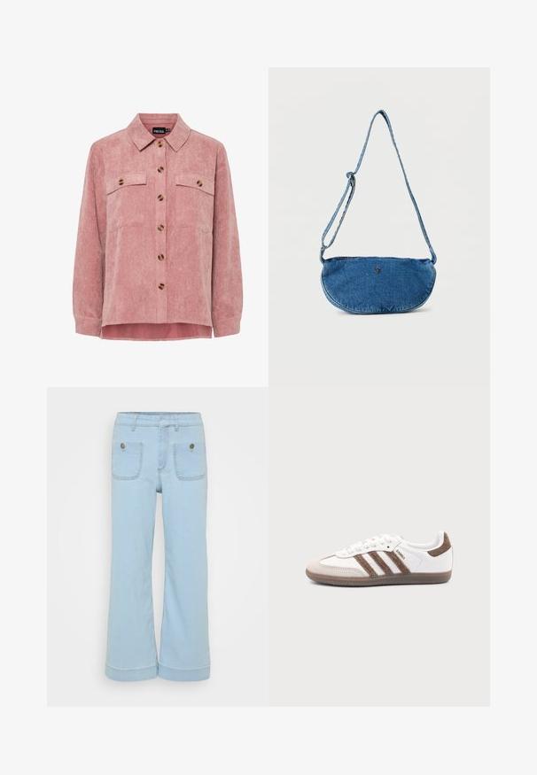 Rosa Kordjacke mit langen Ärmeln, zwei Brusttaschen und braunen Knöpfen. Sie verfügt über einen klassischen Kragen und einen strukturierten, gerippten Stoff.; Hellblaue Jeans mit weitem Bein, ausgestattet mit zwei vorderen und zwei hinteren Taschen, aus Denim mit sichtbaren Nähten.; Weißer Adidas Samba Sneaker mit braunen Wildlederstreifen, brauner Gummisohle und beiger Wildlederkappe, von der Außenseite auf schlichtem Hintergrund gezeigt.; Blaue Jeans-Crossbody-Tasche mit verstellbarem Riemen und kleinem Metalllogo auf der Vorderseite, vor weißem Hintergrund präsentiert.