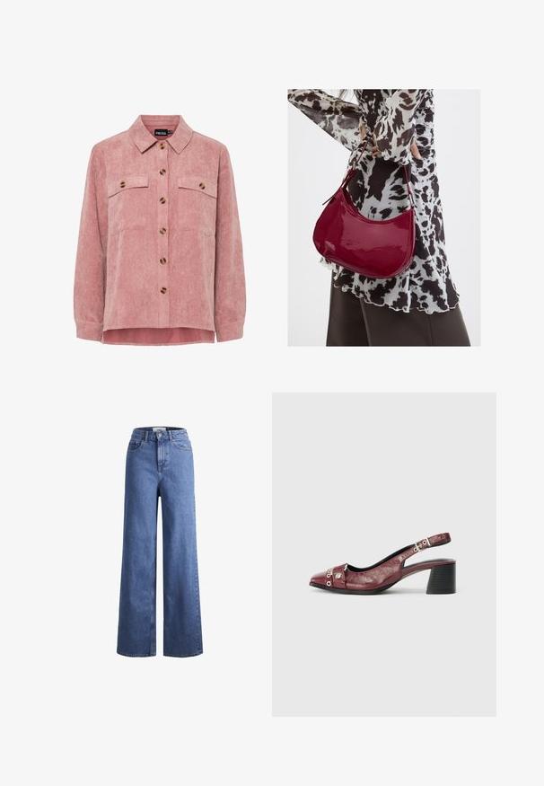 Rosa Kordjacke mit langen Ärmeln, zwei Brusttaschen und braunen Knöpfen. Sie verfügt über einen klassischen Kragen und einen strukturierten, gerippten Stoff.; Helleblaue Denim-Weite-Leg-Jeans mit hoher Taille, zwei vorderen Taschen und sichtbarer Naht. Mit Knopf- und Reißverschluss.; Burgunderfarbene Leder-Slingback-Schuh mit runder Zehenpartie, geschwungenem Design, silbernen Hardware-Akzenten und Blockabsatz. Strukturierte Oberfläche.; Frau trägt eine schwarz-weiß gemusterte Bluse und hält eine glänzende rote Schultertasche vor einem einfarbigen Hintergrund.
