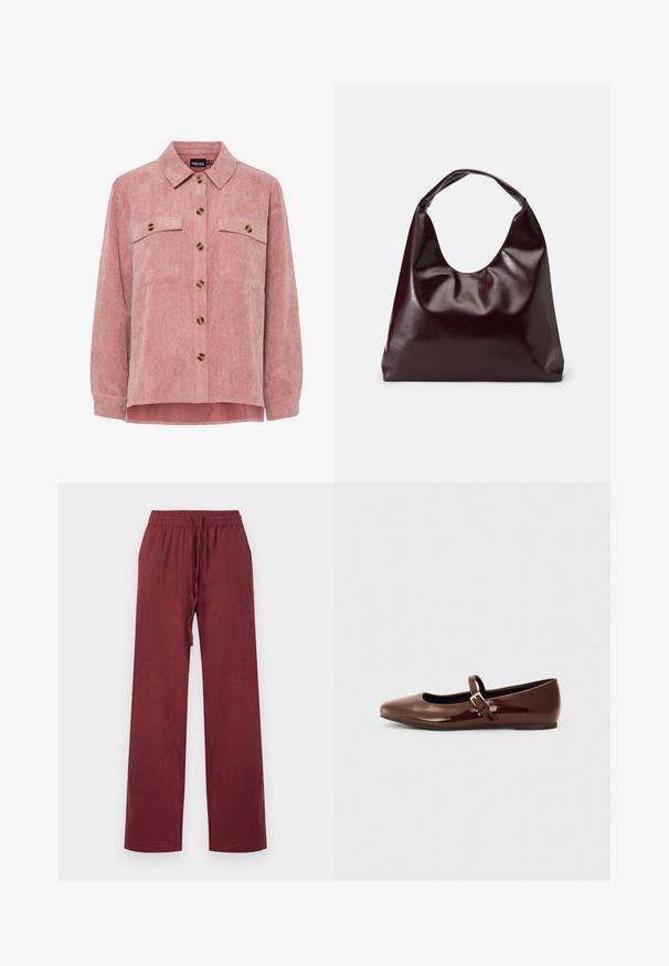 Rosa Kordjacke mit langen Ärmeln, zwei Brusttaschen und braunen Knöpfen. Sie verfügt über einen klassischen Kragen und einen strukturierten, gerippten Stoff.; Bordeauxrote Leinenhose mit weitem Bein, elastischem Bund und vorderer Kordelzug, auf schlichtem weißem Hintergrund präsentiert.; Braune Lackleder-Ballerinas mit quadratischer Zehenform und Riemen mit einer kleinen goldenen Schnalle. Glatte Textur, niedriger Absatz und minimalistisches Design.; Burgunderfarbene, glänzende tote Bag aus veganem Leder mit einer weichen, skulpturalen Form und einem breiten, geschwungenen Henkel für einfaches Tragen.