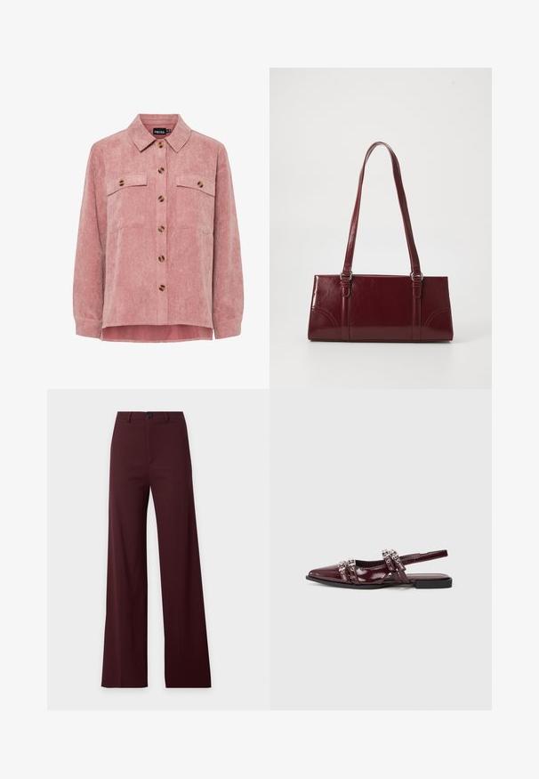 Veste en velours côtelé rose avec des manches longues, deux poches poitrine et des boutons marron. Elle comporte un col classique et un tissu texturé à côtes.; Pantalon large bordeaux foncé avec taille haute, passants pour ceinture, bouton avant et fermeture éclair.; Chaussure plate slingback en cuir verni bordeaux avec un bout pointu, présentant des lanières décoratives avec des accents métalliques.; Sac à main bordeaux en matériau brillant, de forme rectangulaire, avec deux anses et des accents légèrement courbés à l'avant.